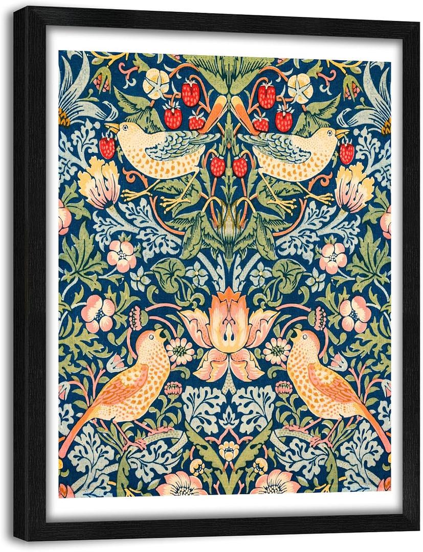 Framed William Morris Wall Art Floral Bird Decor 12" Lx16 W, Animal Artwork Wall Pictures Modern Aesthetic Canvas Prints for Living Room Bedroom Bathroom Office Kitchen Decoration