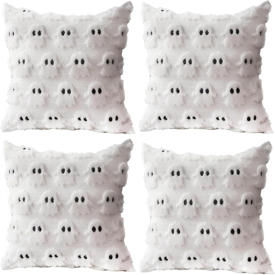 4 Pcs Halloween Throw Pillow Covers 18x18, Soft Faux Fur Pillow Cases Decorations, Fluffy Plush Accent Couch Cushion Case for Halloween Chair Sofa Bedroom Living Room Home Decor(Ghost B)