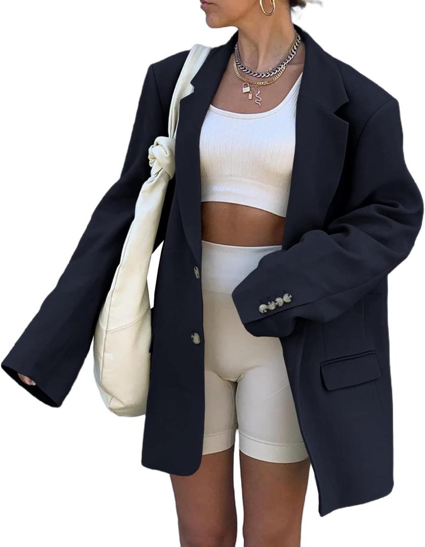 Grlasen Women Casual Elegant Long Sleeve Oversized Lapel Blazers Open Front Solid Work Office Jacket Blazer (Medium, Navy Blue)