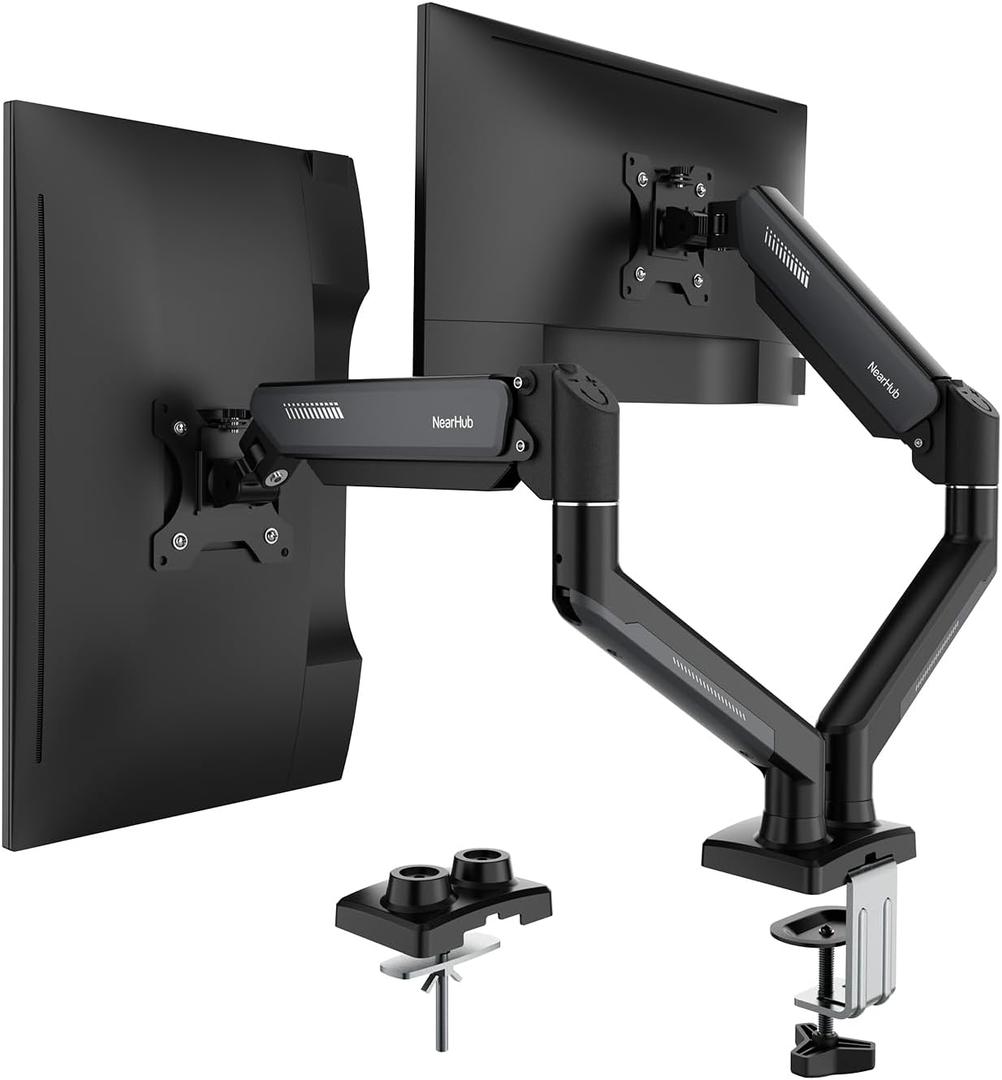 NearHub Dual Monitor Mount for Computer Screen 13-32" and Up to 22 lbs,360 Rotation,+90 to -45 Tilt,180 Swivel,with C Clamp and Grommet Base,Integrated Cable Management,75x75/100x100 VESA