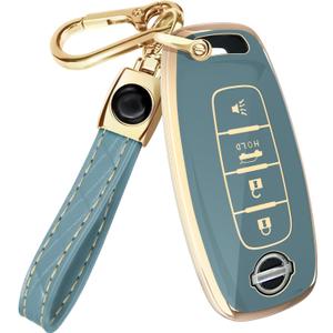 Lucrum Compatible with Nissan Key Fob Cover & Leather Keychain, 4 Buttons Keyfob Case for Pathfinder Rogue Sentra Versa Patrol Armada (2023-2025) - Blue and Gold