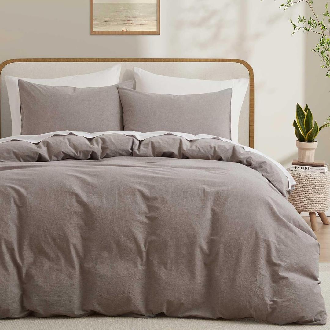 100% Cotton Duvet Cover Queen Size, Mauve Brown Linen-Like Natural Bedding Set with Zipper Closure (No Comforter), Queen Size, Duvet Cover (90"x90") x 1, Pillowsham (20"x26") x 2