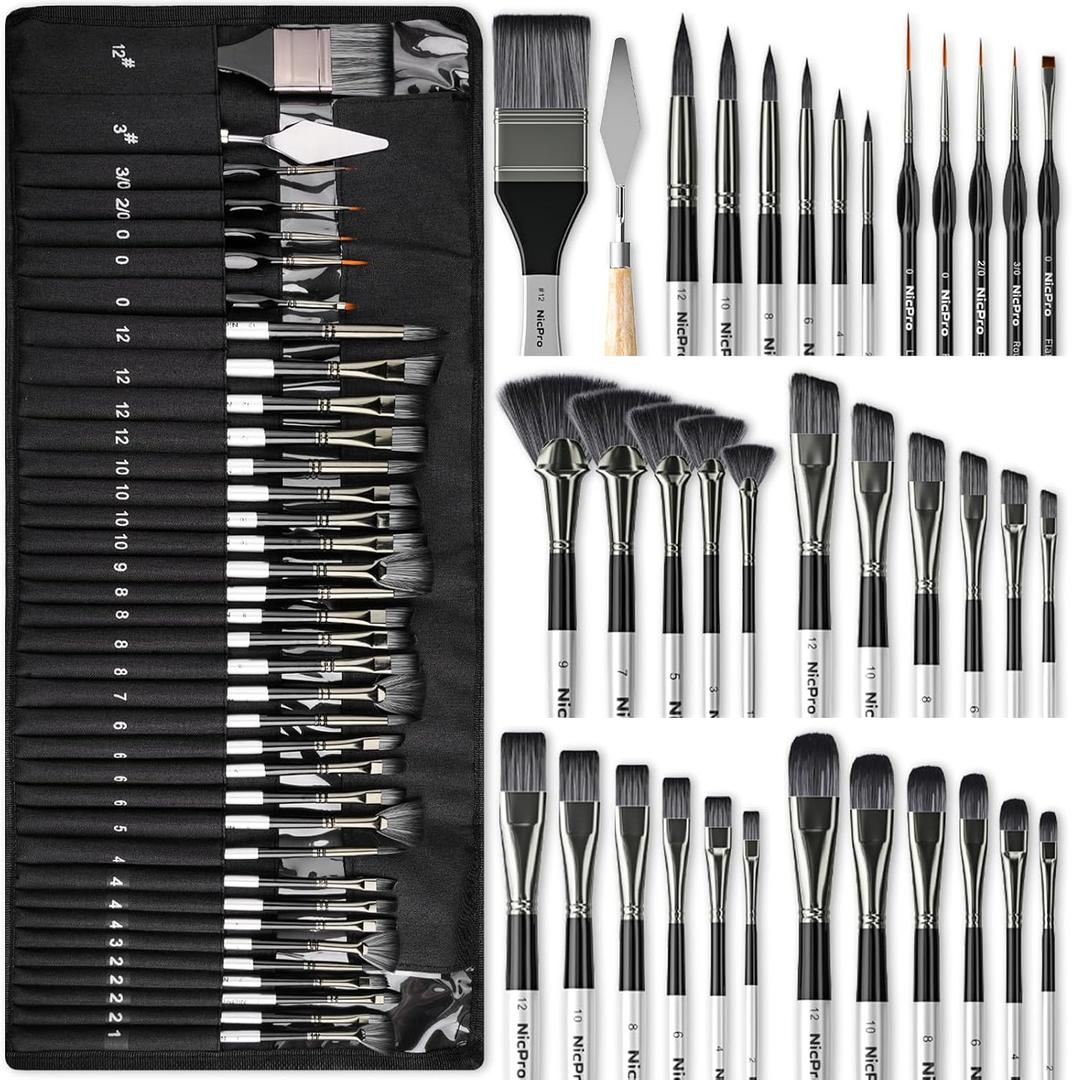 Nicpro 36pcs Paint Brush Set, Professional Paintbrushes with Palette Knife and Cloth Roll, Suitable for Artists and Beginners for Acrylic Painting, Oil, Watercolor, Gouache (Silver)