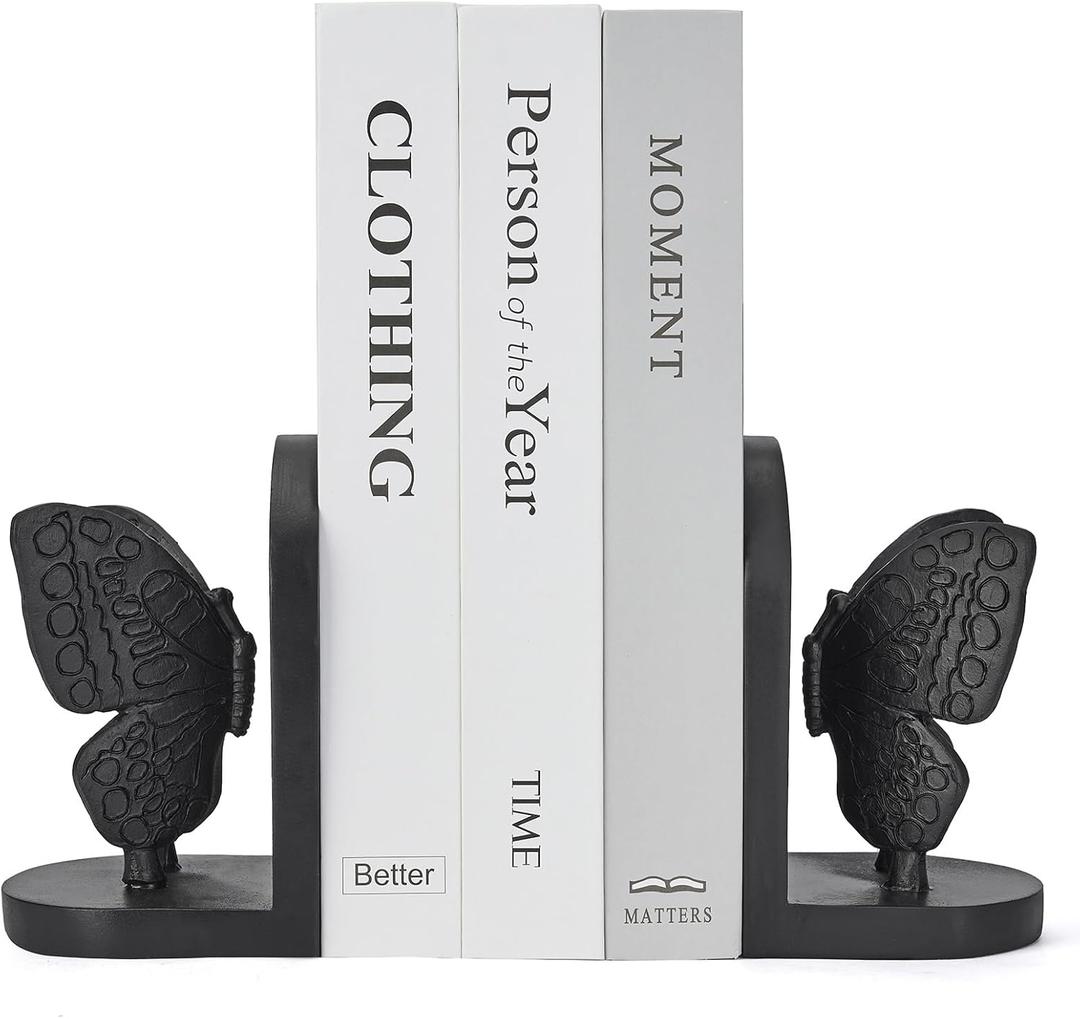 Black Butterfly Book Ends for Shelves, Butterflies Statue Decorative Bookends for Heavy Books, Resin Book Ends with Non-Slip Felt Base for Home Farmhouse Shelves Office Lover Gift