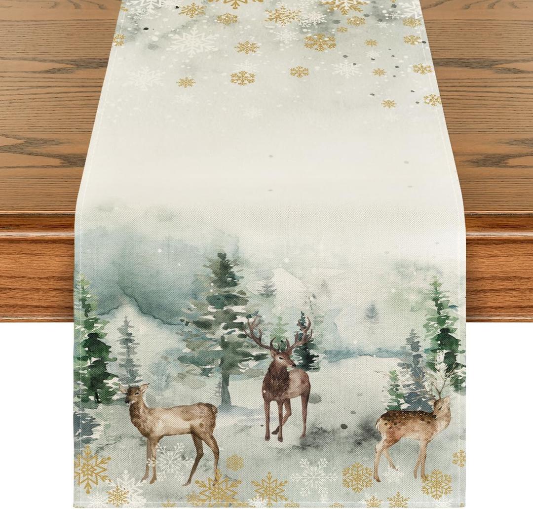 Artoid Mode Watercolor Deer Trees Snowflakes Christmas Table Runner, Seasonal Winter Xmas Holiday Kitchen Dining Table Decoration for Indoor Outdoor Home Party Decor 13 x 72 Inch (Green)