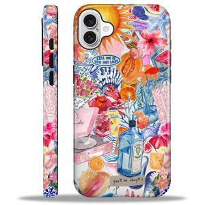 MQJCYB Compatible with iPhone 16 Plus Case - Hybrid Heavy Duty 2 in 1 Full Body Rugged Shockproof Protection Glossy Case for iPhone 16 Plus - Coastal and Fruity Summer Collage