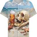Mens Beer Skull Print Button Down Shirt Fun Hawaiian Shirts Casual Beach Shirt Short Sleeve (XXXL)