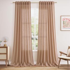 Nanspring Peach Linen Curtains 102 Inches Long Rod Pocket Back Tab Drapes 2 Panels Set for Girl Kids Bedroom Light Filtering Semi Sheer Peach Curtain 102 Length for Patio Door Bedroom 52x102