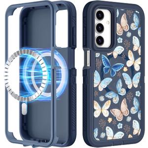 for Samsung Galaxy A15 5G Phone Case - Compatible with MagSafe Women Girls Cute Magnetic Protective Cover Blue Butterfly Girly Design Heavy Duty Shockproof for Samsung A15 5G Case 6.5"