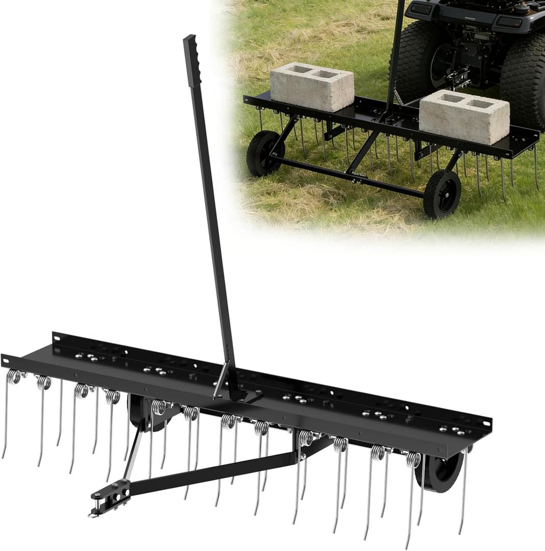 48" Tow Behind Dethatcher, Pull Behind Lawn Dethatcher with 24 Rust-Proof Tines & Heavy-Duty Tires, Tow Behind Rake for Yard & Garden Thatch and Dead Grass Removal, Fits Lawn Tractors, ATV, UTV, Black