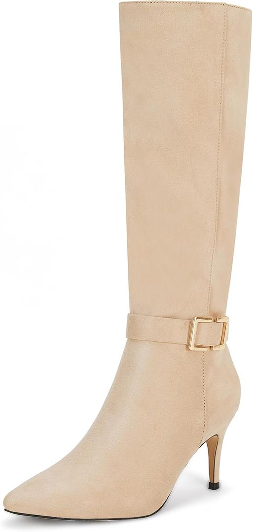 Coutgo Womens Knee High Boots Stiletto Heels Suede Pointed Toe Wide Calf Metal Buckle Side Zipper Winter Boots (11, Nude)