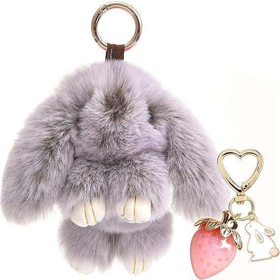 Plush Keychain Bunny Cute Rabbit Keychains Stuffed Animal Key Chain Strawberry Kering Bag Handbag Charms, Frost Gray