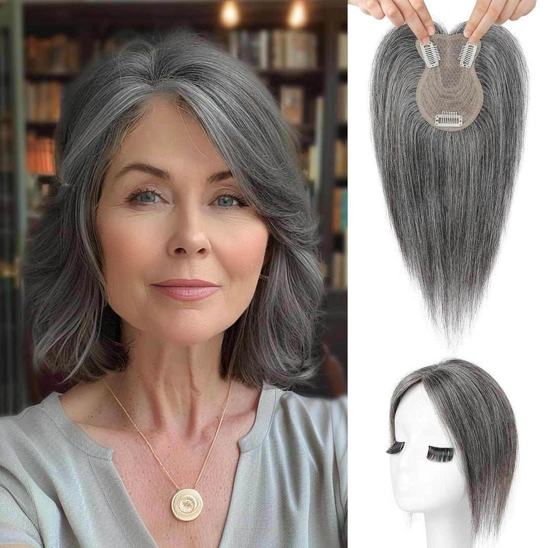 Flufymooz 100% Real Human Hair Toppers for Women, 10 Inch Clip in Human Hair Topper for Thinning Hair, 3603D Cover Clip in Bangs Natural Hairpiece -Silver Gray With Brown Mixed