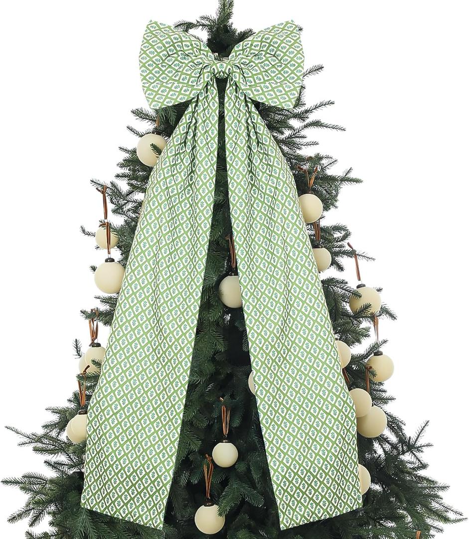 Large Christmas Tree Topper Bow 46"x15.7" Floral Block Print Xmas Tree Toppers Bows Christmas Wreath Decor for Home Indoor/Outdoor Holiday Decor(Green)