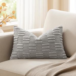 Kevin Textile 12x24 Inch Lumbar Pillow Cover 1 Pack Soft Plush Stripe Decorative Rectangle Cushion Elegant Double-Sided Corduroy Texture Pillow Cover for Couch Sofa Chair Bed Home Decor, Light Grey