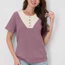 Womens Tops Summer Sweaters Short Sleeve Patchwork V Neck Henley Shirts 2026 Dressy Casual Business Tunic Blouses (Pink, XL)