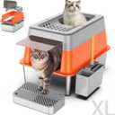 Stainless Steel Litter Box with Lid, XL Extra Large Enclosed Cat Litter Box for Big Cats 110 Flip Cover, Top Entry Metal High Sided Cat Box & Pedal & Scoop, Anti-Leakage (Orange)