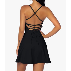 QINSEN Womens Two Pieces Tennis Dress with Shorts Workout Open Back Active Golf Dresses. Small