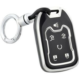 OFFWEGO for GMC Key Fob Cover with Silver Keychain,Soft TPU Key Case Protection fit GMC Chevy Chevrolet Suburban Tahoe Acadia Terrain Yukon XL Smart Key Fob Holder, Black