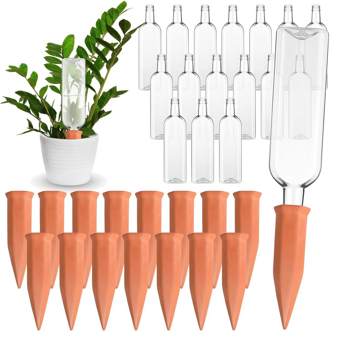 Dandat 32 Pcs 34oz Plant Watering Devices Include Terracotta Self Watering Spikes with 1000ml Plastic Bottles Slow Release Vacation Insert Automatic Plant Waterer Self Water Planter for Garden, Large