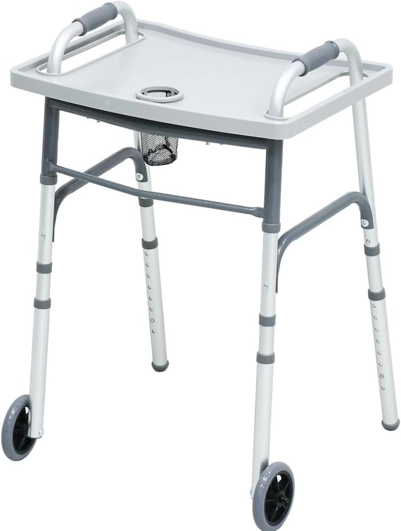 HEALTHLINE Folding Walker with 5" Front Wheels  Adjustable Height for Short, Standard, and Tall Adults  Includes Rear Glides, Optional Removable Tray (Check Package Contents Before Purchase)