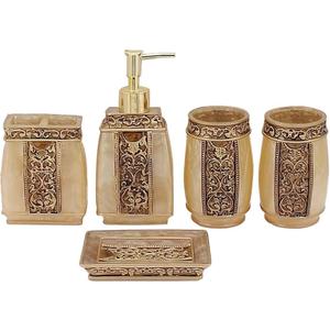 LUANT 5 Piece Bathroom Accessories Set, Collection Bath Set Features Soap Dispenser, Toothbrush Holder, Tumbler, & Soap (Golden
