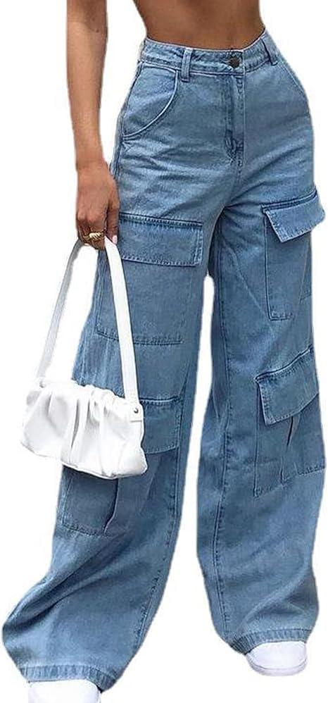Women Multi Pocket Cargo Jeans Baggy Streetwear Y2k Trousers Flap Pocket Pants Wide Leg Cargo Pants (L)