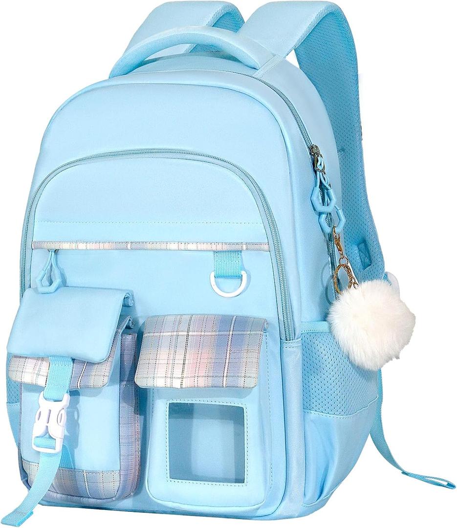 Kawaii Blue Kids Backpack for Girls, Fashion Multiple Pockets Bookbag for Primary Elementary High School for Teen Girls