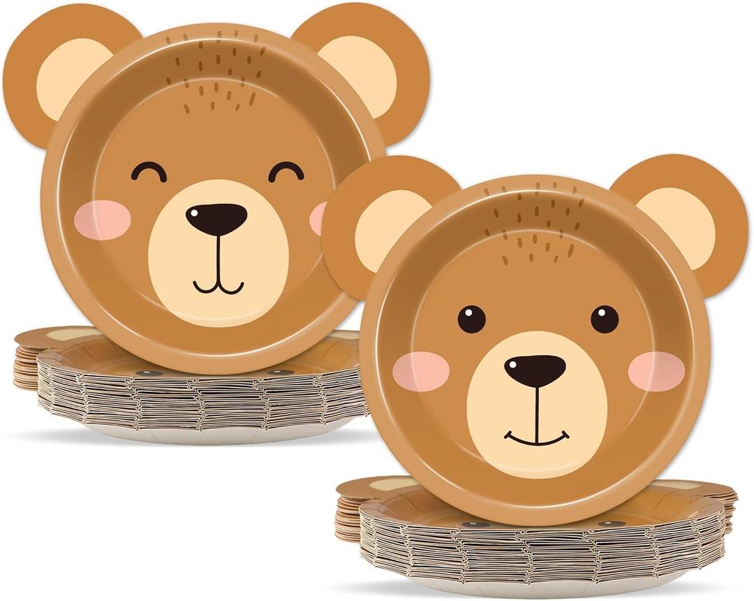 50 Count Bear Paper Plates Bear Shaped Disposable Cake Plates Brown Theme First Birthday Tableware Teddy for Gender Reveal Boy Girl Baby Shower Birthday Party Decorations