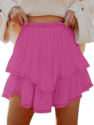 MIFOCAL Flowy Shorts for Women Casual Boho Ruffle Tiered Skorts High Waist Mini Skirts Golf Tennis Crochet Shorts, Small, Pink