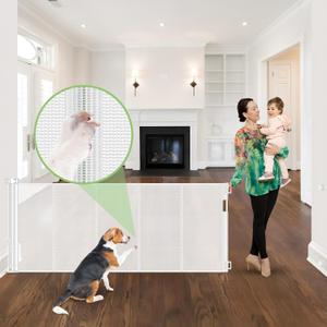 Reinforced 96" Wide Retractable Baby Gates Extra Wide Dog Gate with Support Rods - Prevent Crawling Under, Retractable Dog Gate Indoor Outdoor Retractable Gate Wide Baby Gates for Large Openings, White