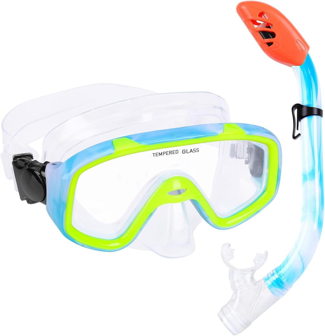 Kids Snorkel Set, Children Anti-Fog Diving Mask Swimming Goggles Dry Top Snorkel Equipment Snorkeling Packages Swimming Gear for Youth Boys Girls Age 5-10