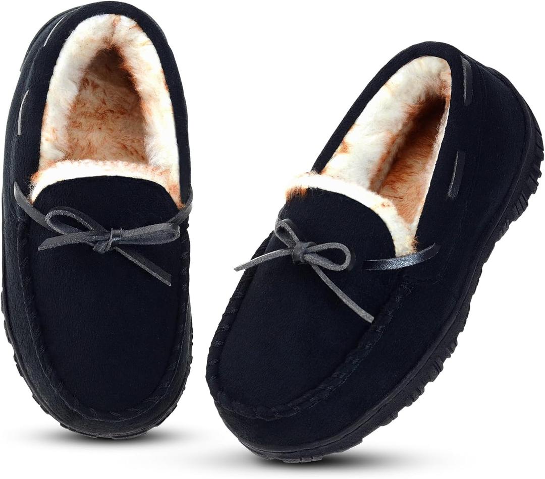 Vonair Kids Moccasin Slippers Memory Foam House Shoes Indoor Outdoor Rubber Bottom Slippers for Boys Girls (Black)