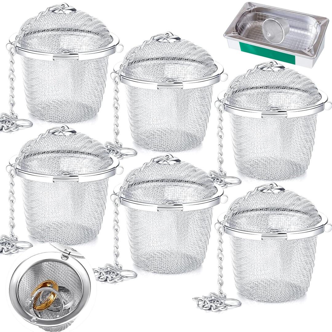6 Pcs Ultrasonic Watch Parts Cleaner Baskets Stainless Steel Jewelry Steam Cleaner Parts Basket Mesh Ball Cleaning Small Holder with Lock Hook for Watch Cleaning Solution(Silver)
