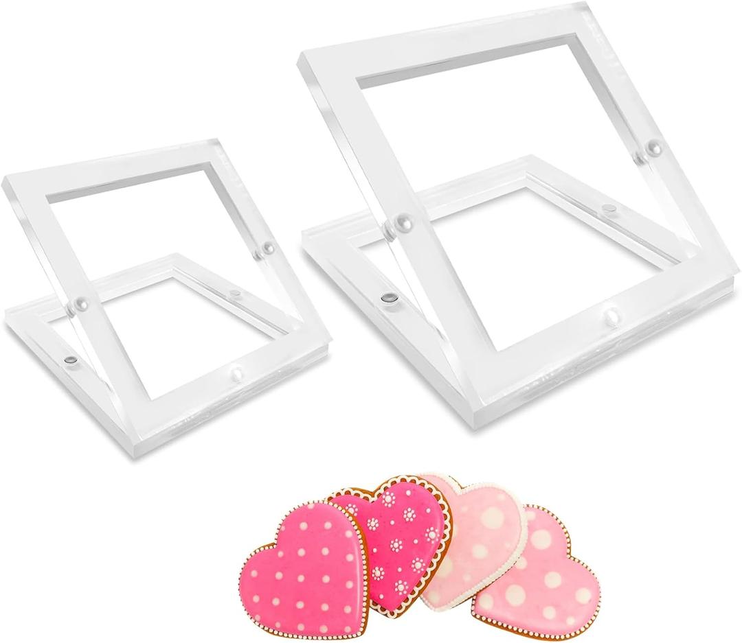 2 Pcs Acrylic Cookie Stencil Holder, 3in & 6in Magnetic Cookie Stencil Frame for Royal Icing Sugar Cookie Stenciling Airbrushing, Acrylic Cooking Decorating Tool, Stencils Helper