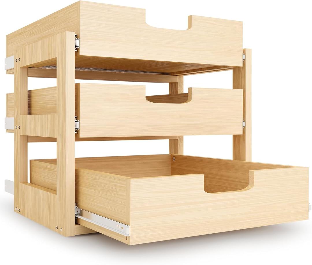 Pull Out Cabinet Organizer, 14''W×21''D×19''H Soft Close Slide Out Wooden Pull out Drawers, Three Tier Slide out Wood Cabinet Organizer, for Base Cabinet Organization in Kitchen, Pantry, Bathroom