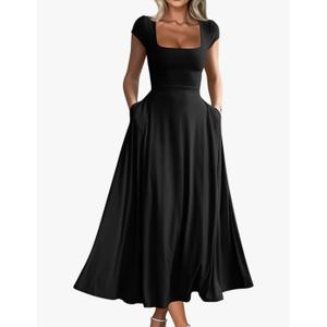 YMDUCH Women's Casual Short Sleeve Square Neck Solid Slim Flowy Maxi Dress with Pockets, M