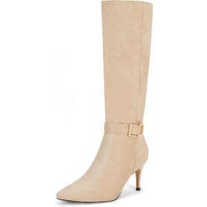 Coutgo Womens Knee High Boots Stiletto Heels Suede Pointed Toe Wide Calf Metal Buckle Side Zipper Winter Boots (11, Nude)