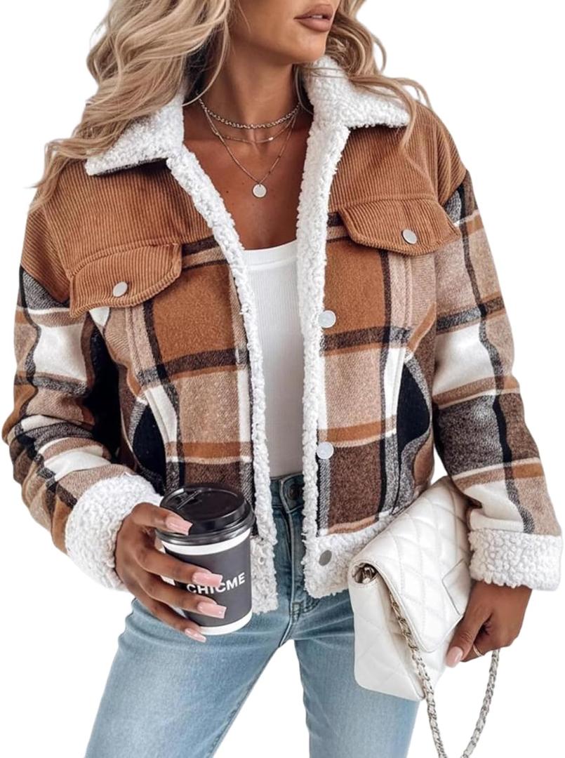 CHICME Womens Plaid Fleece Jacket Long Sleeve Sherpa Lined Winter Jackets Warm Coat (X-Large, Khaki)