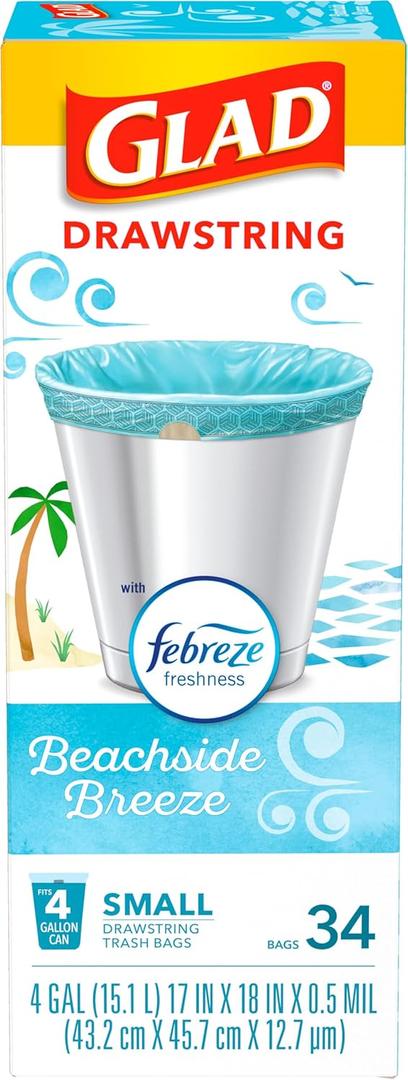 Glad OdorShield Small Drawstring Trash Bags - Febreze Beachside Breeze - 4 Gallon, 34 Count