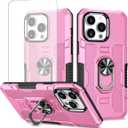 Case for iPhone 12 Pro Max Case with Tempered Glass Screen Protector, Heavy Duty Protection with Metal Ring Magnetic Kickstand Phone Cover for iPhone 12 Pro Max Pink