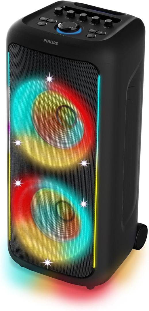 Philips TAX5000 Bluetooth Party Speaker - 14 Hours Play Time, Bass+, Full-Speaker LIghtshow, Built-in Carry Handle and Wheels, 200W Max Power, Black