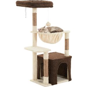 Cat Tree for Indoor Cats, 39.8-inch Cat Tower with 2 Plush Perches for Play & Rest, 1 Cozy Hideaway, Dangling Toy & Full Sisal Scratching Posts for Indoor Cats, Brown