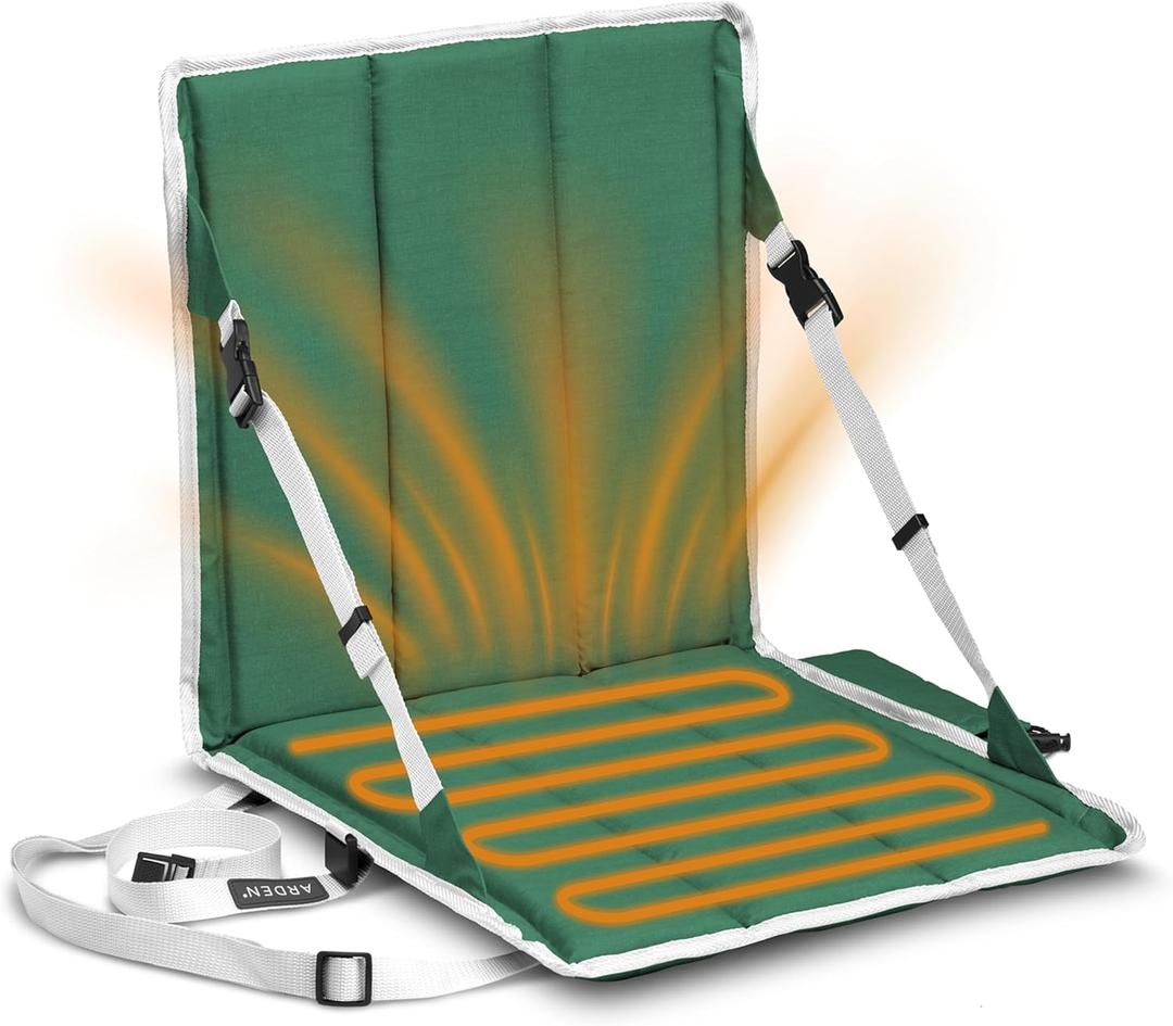 Arden Heated Stadium Seat, Battery Powered (not Included) Foldable, Lightweight Foldable with Back Support & Carrying Strap for Sports Games, Camping, Outdoor Events, Green/White (17.75"D x 6.75"W x 5.5"H)
