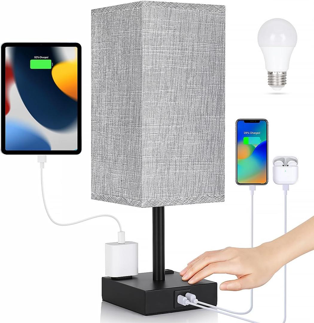 Soilsiu Bedside Table Lamp for Bedroom - Touch Small Lamp with USB C+A Charging Ports & AC Outlets, 3 Way Dimmable Nightstand Light for Living Room (LED Bulb Included, Grey)