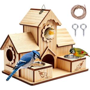 Bird House for Outdoors, 4-Hole Hanging Birdhouse, Bluebird House with Stainless Steel Feeding Tray, Cedar Wood Nesting Box for Wrens, Chickadees and Swallows