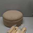 Ottoman Foot Rest, Small Round Ottoman with Storage, Boucle Teddy Velvet Footstool with Wood Legs, Soft Sponge Storage Ottoman for Living Room, Bedroom, Couch, Enterway (Camel Brown)