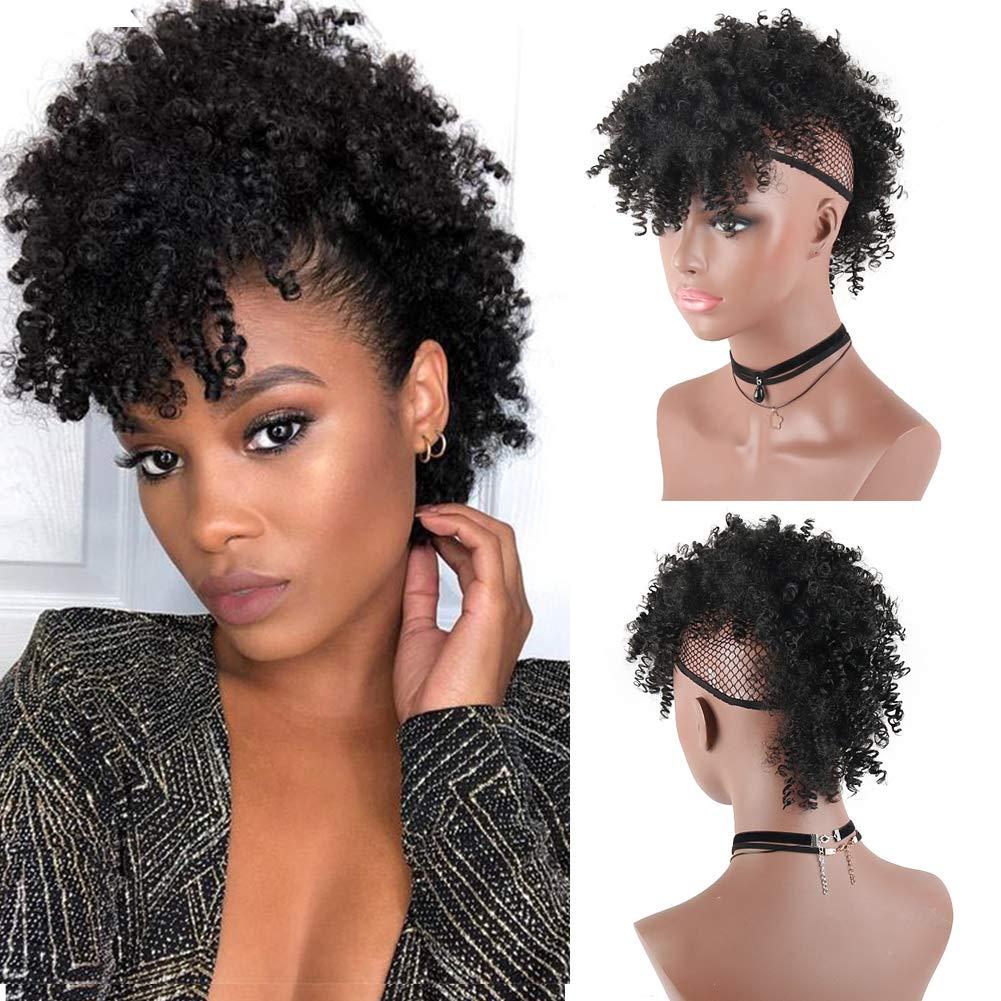 Aisaide High Puff Afro Mohawk Ponytail with Bangs No Drawstring,Short Kinky Curly No Drawstring Ponytail Extension,Synthetic Clip in Mohawk Ponytail Bun with Bangs,Wrap Updo Clip in Hair Extensions 