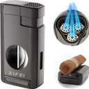 XIFEI Lighter, Triple Jet Flame Torch Lighter with  Cutter V Cut,  Accessories  Holder, Windproof Refillable Butane Lighters Gift Box (Ash)