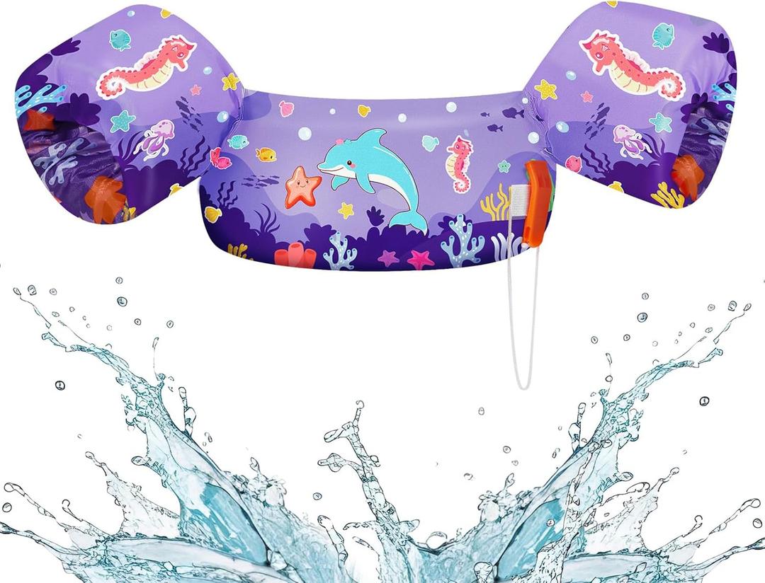 HeySplash Kids Swimming Vest, Toddler Floaties Fit 20-50 Lbs, Puddle Kids Jumper with Adjustable Strap, Swim Jacket Water Wing Baby Arm Floats,Sea Beach Swim Aid for 2-6 Years, Purple Blue Dolphin
